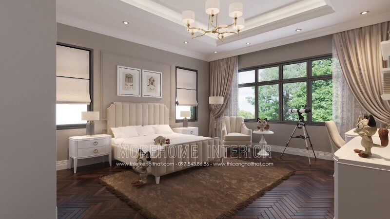 Trang trí nội thất phòng ngủ con ấn tượng với giường ngủ màu trắng sữa, kết hợp đồ nội thất khác tạo nên sự năng động và trẻ trung
