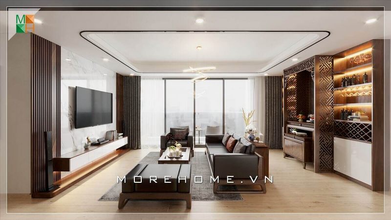 Phòng khách của gia chủ sẽ được trang trí bằng gỗ óc chó cao cấp, cùng với ánh sáng tự nhiên từ cửa kính cường lực ban công 4 cánh lùa, tạo nên một vẻ đẹp sang trọng, hiện đại và tinh tế.